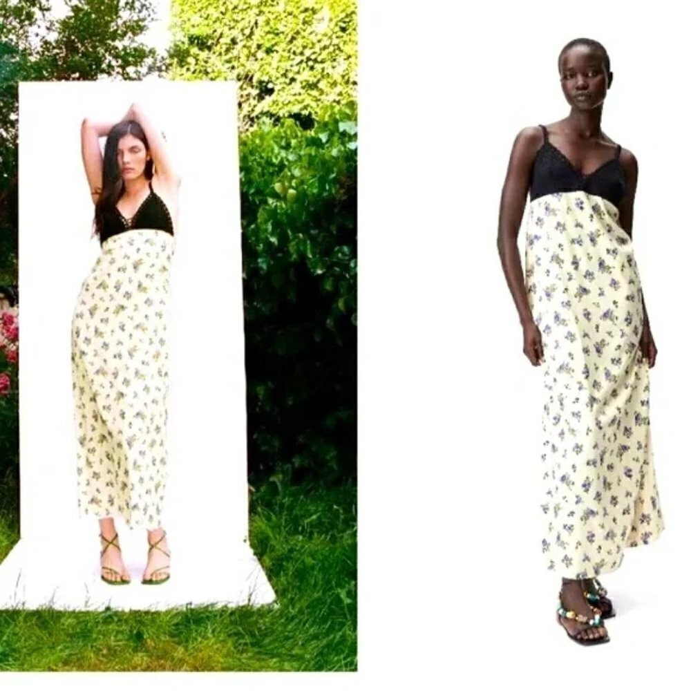 Zara Floral Satin Printed Crochet Cream Maxi Tank Dress Prairiecore NWT Small